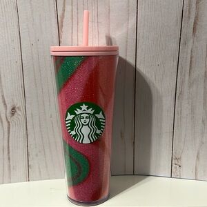 Red, pink and green swirl glitter cup with light pink lid and straw 24 oz